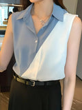 Women Shirts V-Neck Chiffon Button Up Shirt Sleeveless Patchwork Womens Top Fashion Clothes Woman 2023 Basic Ladies