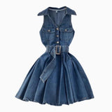 Fongt Denim Dress Design Feeling Hanging Neck Short Small A Word Ponpony Dress 0329