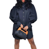 Fongt Summer Large-Size Loose Bubble Sleeves Solid-Color Open-Sleeved Shirt Dress Dress