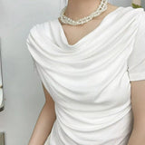 Pleated Women T-shirts 2023 Summer New Skew Collar Half Sleeved Slim Elegant Office Lady