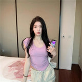 Fongt Chic Thai Design V-Neck Shoulder Short Sleeve T-Shirt Women's Curved Under The Hem To Slim Short Top