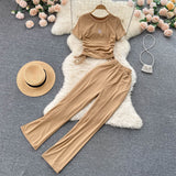 Fongt Female Pleated Drawstring With Short-Sleeved Top Pendant Wide-Leg Pants Two-Piece Set-Outfit