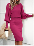 Fongt Women's Knitted Sweater Skirt Temperament Round Neck Long Sleeve Sexy Solid Color To Show Thin Ass Skirt