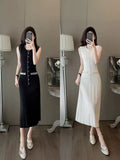 Fongt Elegant Sleeveless Round-Necked Pearl Knitted Long Dress Summer New High-End Simple Dress