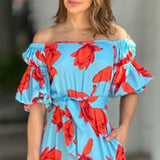 Fongt Women's Dress Spring And Summer Elegant Temperament High Waist Slim One Word Shoulder Big Put Princess Sleeve Dress-Outfit