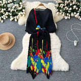 Fongt High-End Dress Women Design Feel Strapped Waist Bat Sleeve Pressure Fold Printing Irregular Dress Dress