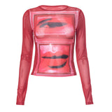 2024 Vintage Spice Girls Print Perspective Thin Collar Collar Long Sleeves Tight Thin Tops Women's