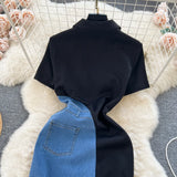 Fongt Port Style Retro Denim Dress Girl Design Bump Color Splicing In The Long Short-Sleeved Temperamental Dress