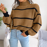 Shooting 2025 Autumn And Winter Casual Striped Lantern Sleeve Half-High Collar Knitted Sweater Women's