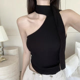Women's Camisole Korean Version Solid Colour Diagonal Collar Halter Slim Sexy Fashion Knitted Sleeveless Crop Top-Outfit