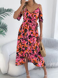 And Summer Out-To-Shoulder Cross V-Neck Flower Sling Dress Holiday Dress Women's
