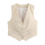 Fongt Women's Retro Solid Color Candy Color V-Neck Short Suit Vest / Horse Clip Cane