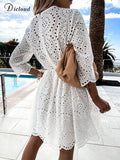 White Lace Women Cotton Dress Party Wedding 2021 Summer 3/4 Sleeve Fall Autumn Elegant Clothing Lady Hollow Out