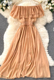 Women Casual Dress Double Layer Ruffled Off Shoulder Slash Neck Chiffon Dresses Woman Summer Midi Dress Vestidos