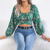 Early Autumn Flower Lantern Sleeve With Waist Chiffon