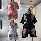 Fongt Set European Dress Design Butterfly Set Drill Short Sleeve T-Shirt Blouse Woman + Tight Waist Broad Leg Shorts Two Sets
