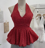 Fongt Shooting Wave Point Hanging Neck Sling Vest Bare Back Bow Skirt Swollen Belly Thin Sleeveless Top 9260