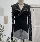 Fongt Shooting Babes V-Neck Lace Lace Splicing Belt Long Sleeve Design Irregular Short Bottom Top 2752
