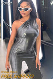Pu Faux Leather Y2K Clothes One Shoulder Sleeveless Backless Bodycon Skinny Jumpsuit For Women Club Streetwear