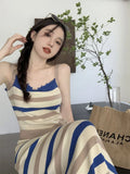 Retro Striped Knitted Sling Dress Girl Spring And Autumn New Bag Hip Chic Temperament Open Fork Long