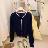 Gentle Little Gold Bean Buckle Hit Color V-Collar Knitted Cardigan Women's Spring Leisure Outfit Shows Thin Korean Style Coat-Outfit