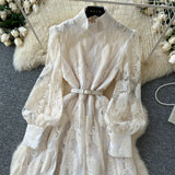 Fongt 2025 New High-End Heavy Industry Mesh Embroidery To Collect Thin French Elegant Lantern Sleeve Dress