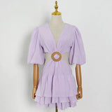TWOTWINSTYLE White Sexy Dress For Women V Neck Lantern Half Sleeve Hollow Out High Waist Mini Dresses Female Summer New