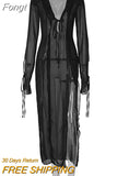 Through Maxi Dresses for Women 2023 V Neck Split Bodycon Mesh Dress Long Sleeve See Through Cover-Ups for Beach