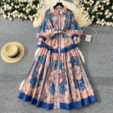 Fongt Court Print Flip Lantern Sleeves To Close Waist Single Buckle Dress Women Thin Elegant Long Dress