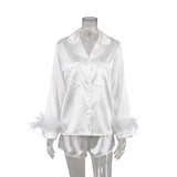 Satin Women Pajamas 2 Piece Set Sleepwear with Feather Cuff Soft Elgant Pajamas Women Nightgown Luxury Ladies'