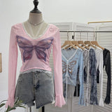 Fongt Shot Micro-Permeable Mesh Butterfly Print Splicing Lace Hanging Neck Horn Long-Sleeved T-Shirt Repair Short Top 1286
