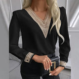 Lace Crochet Satin Silk Chiffon Shirt Women Long Sleeve Woman Blouses Tops V Neck Solid Embroidery Shirts Blusas