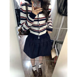 Fongt Color Design Sense Retro Striped Knitted Cardigan Women's Spring And Summer College Style Sweater Tibetan Blue Short Skirt Two-Piece Set