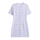 Style French Round Collar Single-Breasted Button Design Feeling Slim Hip Knitted Dress Women 3471011-Outfit
