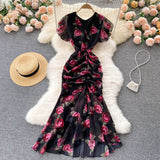Fongt New Light Luxury Chiffon Print Dress Temperament Lotus Side Fishtail Dress Female Dress Thin