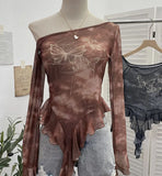 Millennial Y2k Babes Oblique Shoulder Thin Mesh Print Top Irregular Lotus Leaf Side Ribbon Short T-Shirt
