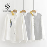 Arrival Women Cartoon Embroidery Cotton White Shirt Turn Down Collar Long Sleeve Blouse Striped Patchwork Casual Tops