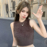 Korean Sexy Slim Sleeveless Vest Vintage Soft Mink Fleece Knit Pullovers Crop Sweater Vest Womne Female Tops-Outfit