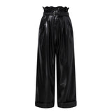 Women PU Leather Pants ZANZEA 2022 Spring Autumn Ruffle High Waist Wide Leg Pants Casual Solid Pleated Pockets