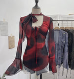 Fongt Hollow Tying With Low-Necked Bow Ribbon Dizzy Red Elastic Mesh T-Shirt Top 8036