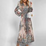 Fongt Dress Women's New Elegant Temperament V-Neck Fashion Print Long-Sleeved Dress