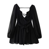 Fongt Summer Out-The-Shoulder Lantern Long-Sleeved V-Neck Dress Sexy Showy Multi-Colored Skirt Woman