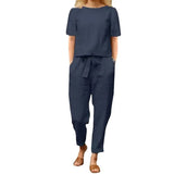 Fongt Women's Cotton Tample Summer With Suit Half-Sleeved O-Neck Oversized Hoodie E Broad Leg Pants Retro Two-Piece Set