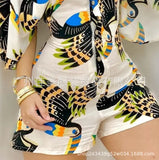 New Printed Lapel With A Row Of Buttons, Middle-Sleeved Shirt And One-Piece Trousers From Stock-Outfit