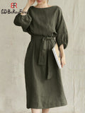 Dress Women 2023 New Cotton Linen Solid Lace Up Casual Oversize O Neck Chic Long Sleeve Midi Dresses for Women with Belt-Outfit