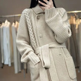 Solid Color Midi Knitted Cardigan Korean Lapel Women's Clothing Pockets Spliced Autumn Winter Drawstring Sashes Sweaters-Outfit