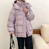 Crescent Buckle Short Down Jacket Female 2024 Winter New Hooded Thick Waist Show Thin White Duck Down Warm Coat-Outfit