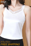Women's Tops V-Neck Lace Vest Solid Sleeveless Satin Sexy Blouse Women 2023 Summer Fashion Women Clothing Basic Silk Womens