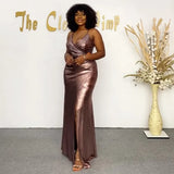 Summer African Dresses For Women Glitter Split V-Neck Sexy Party Dress Long Tunic Night Club Sleeveless Long Maxi