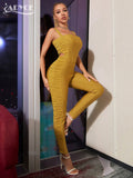 Summer Yellow Bandage Jumpsuits For Women Sexy Hollow Out Sleeveless &Full Pants Draped Club Streetwear Rompers
